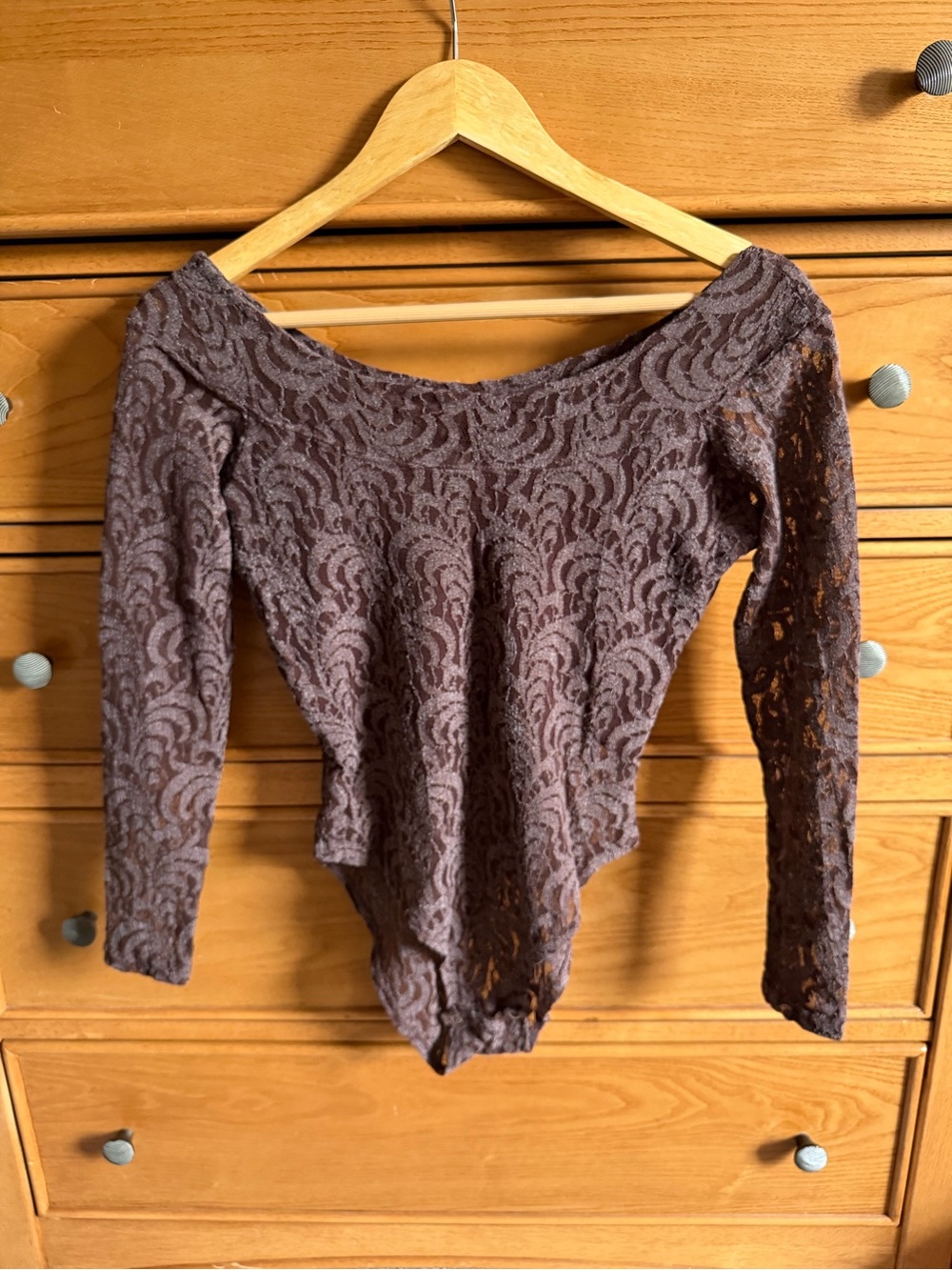 Vintage Womens Lace Long Sleeve Bodysuit Taupe Coquette Balletcore Romantic